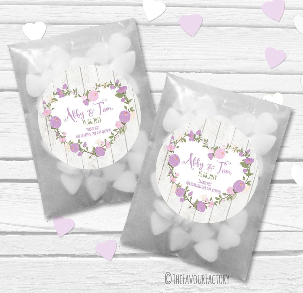 Lavender Floral Heart Boho Wooden Personalised Wedding Favour Bags Kits x12