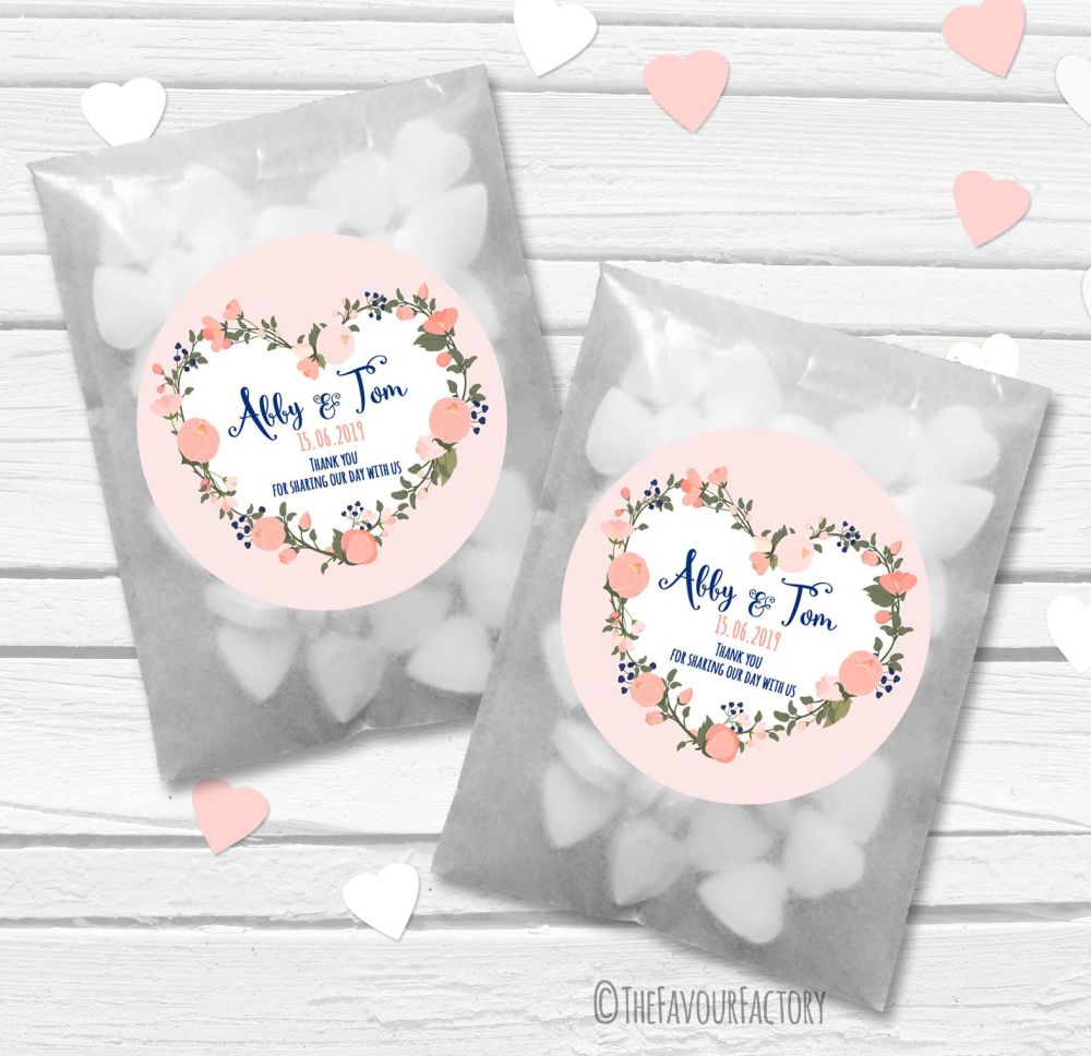 Navy Peach Heart Wreath Personalised Wedding Favour Bags Kits x12