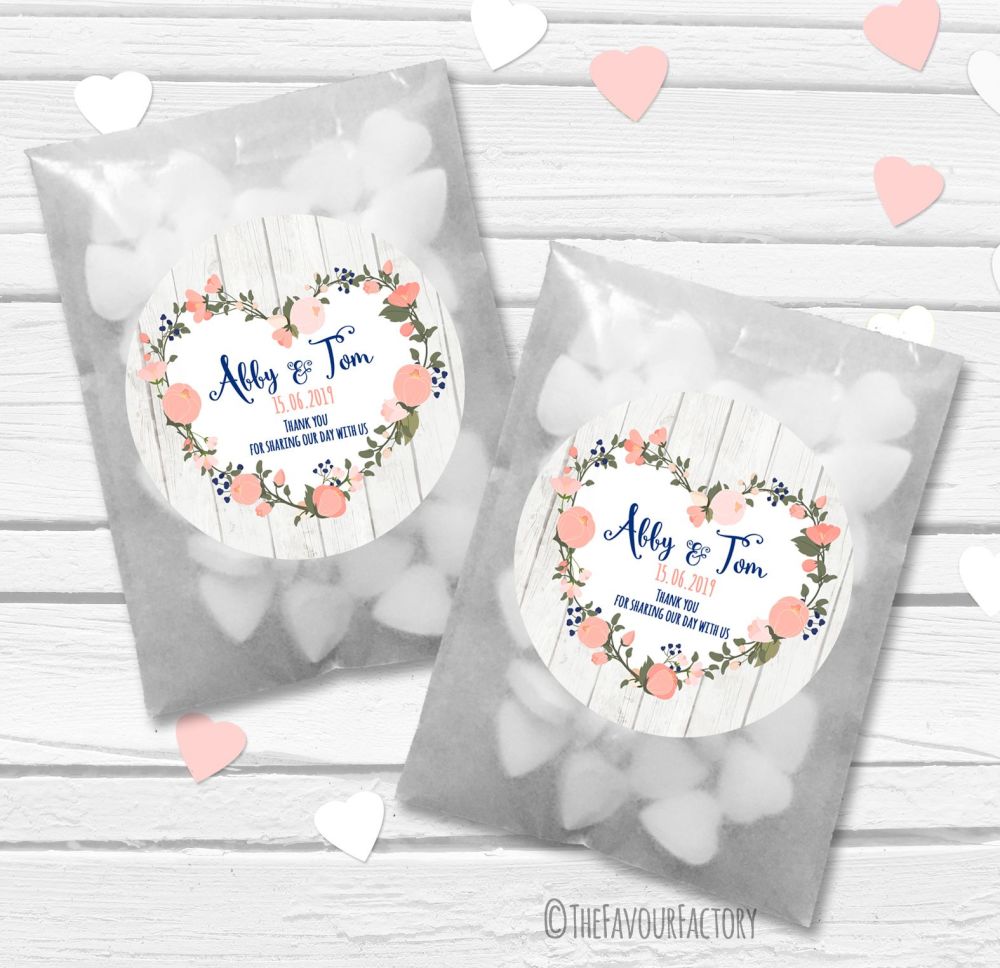 Navy Peach Floral Heart Boho Wooden Personalised Wedding Favour Bags Kits x