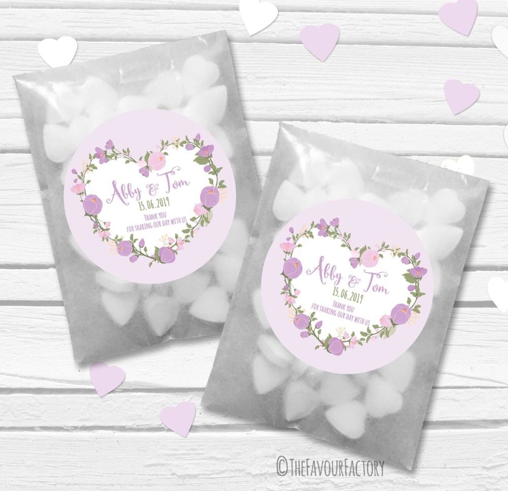 Lavender Floral Heart Personalised Wedding Favour Bags Kits x12