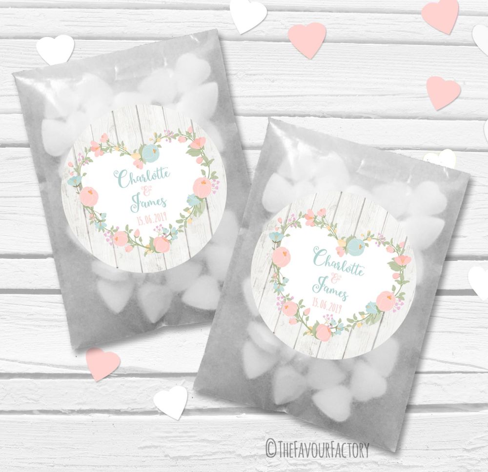 Pastels Floral Heart Boho Wooden Personalised Wedding Favour Bags Kits x12