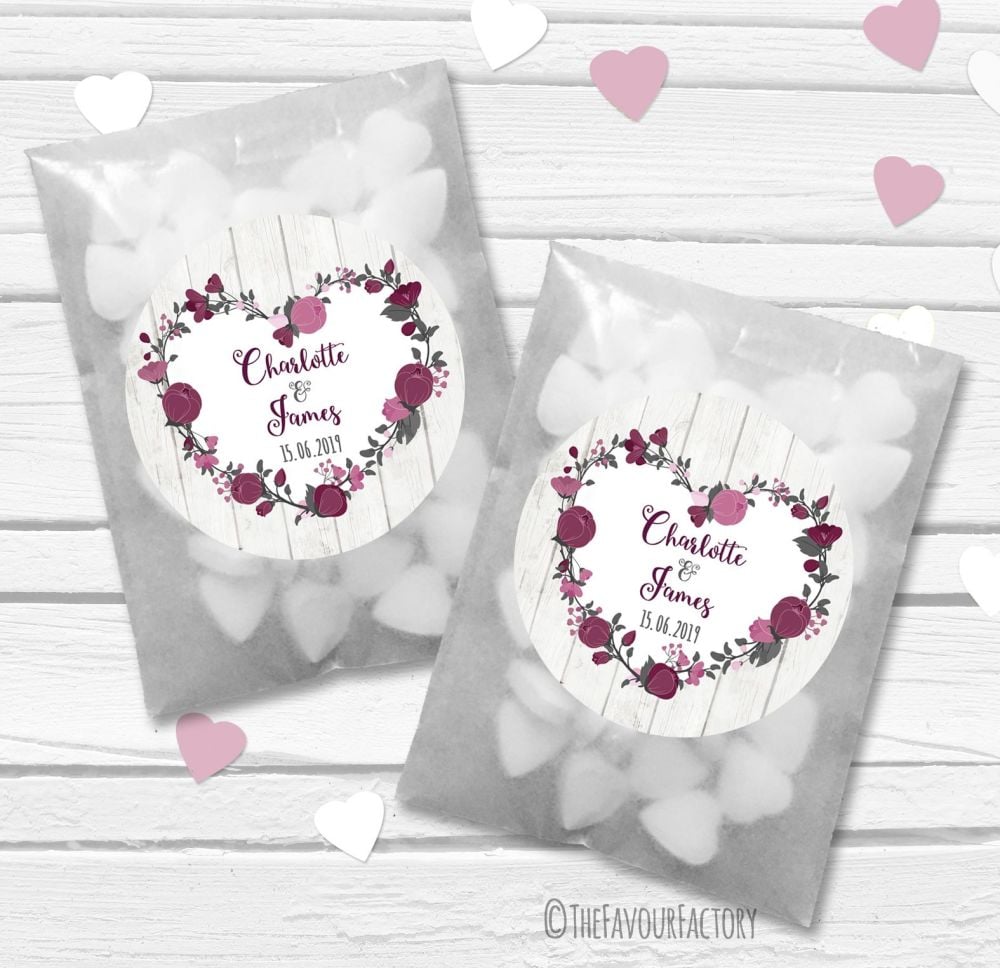 Plum Floral Heart Boho Wooden Personalised Wedding Favour Bags Kits x12