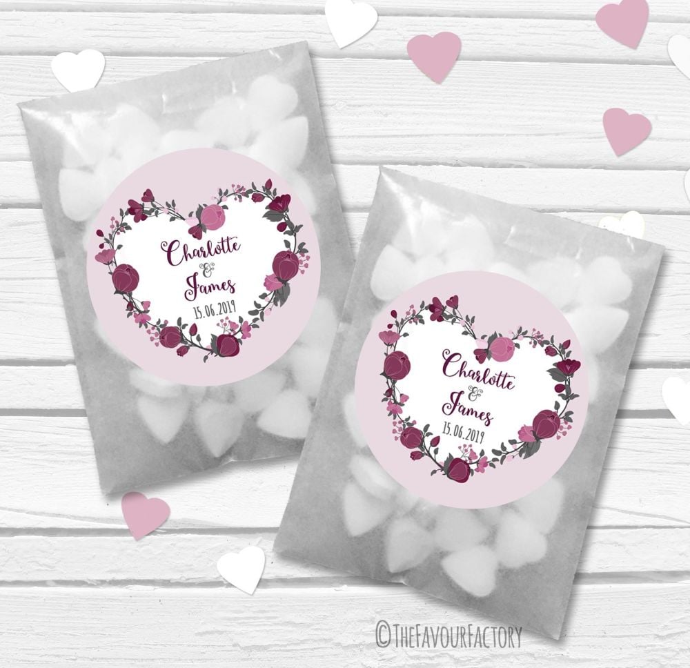 Plum Floral Heart Wreath Personalised Wedding Favour Bags Kits x12