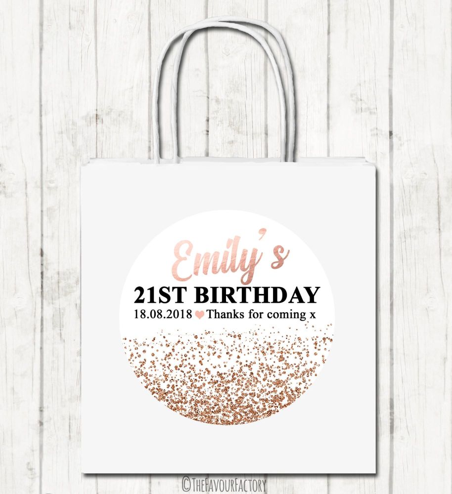 Rose gold glitter confetti Personalised Paper Birthday Party Bags x1