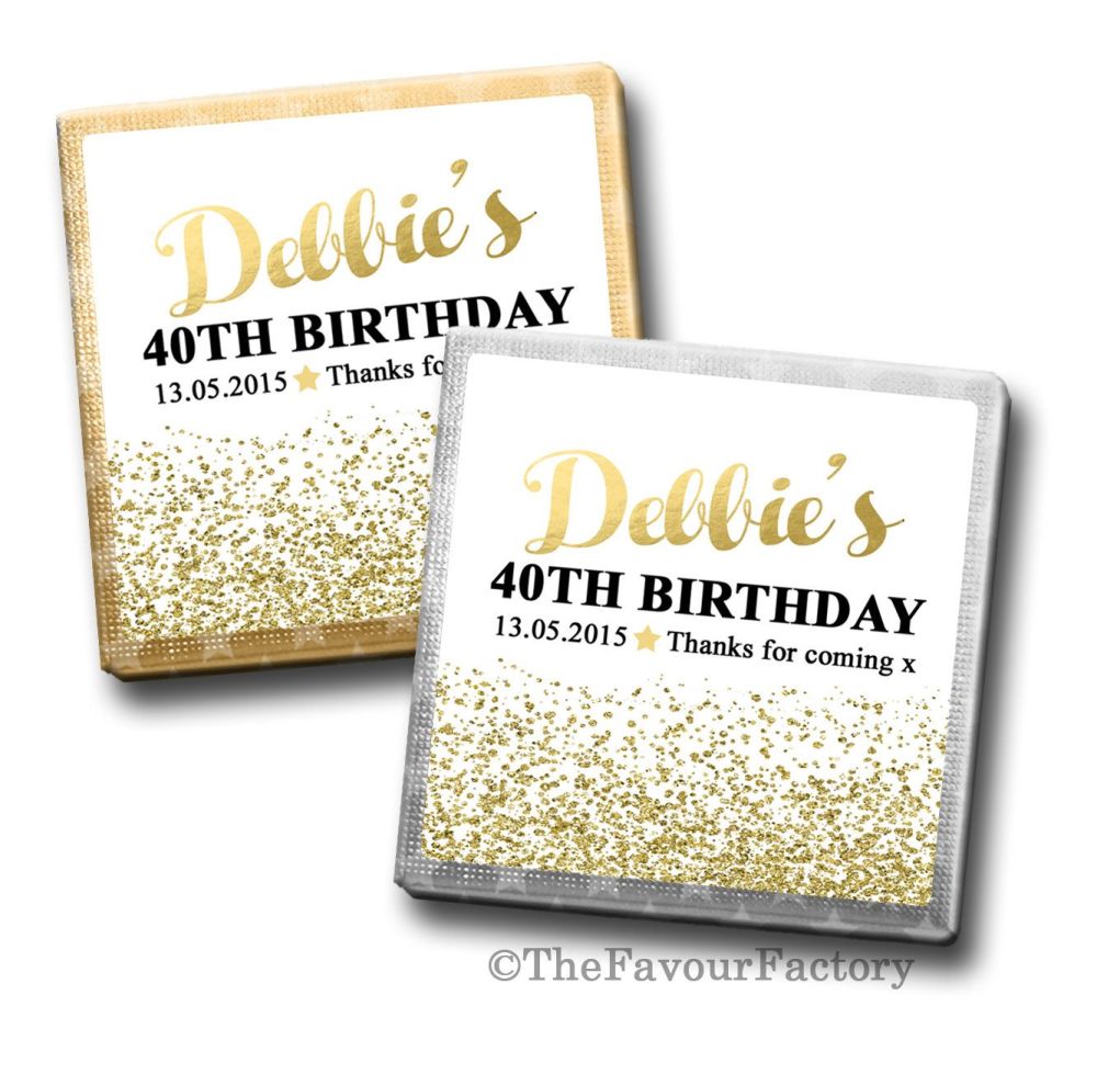 Gold Glitter Confetti Birthday Party Personalised Milk Chocolates Squares x