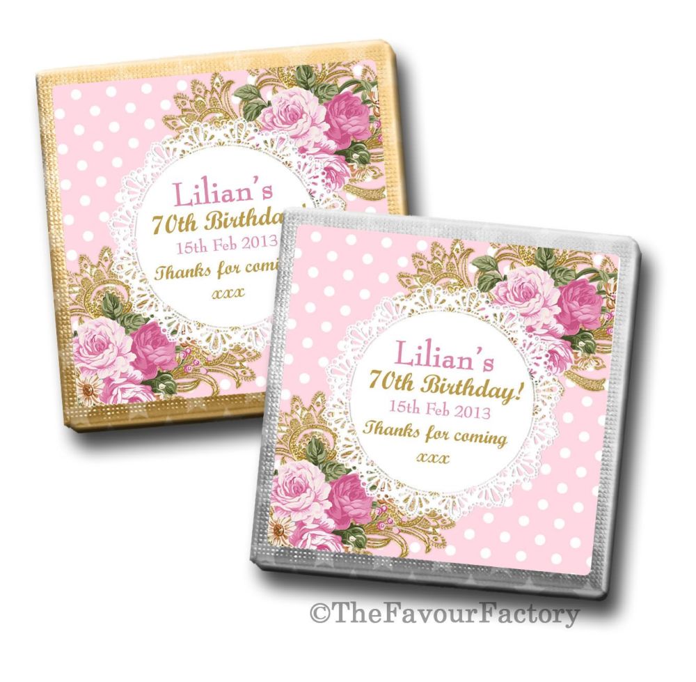 Ornate roses tea party Birthday Party Personalised Milk Chocolates Squares