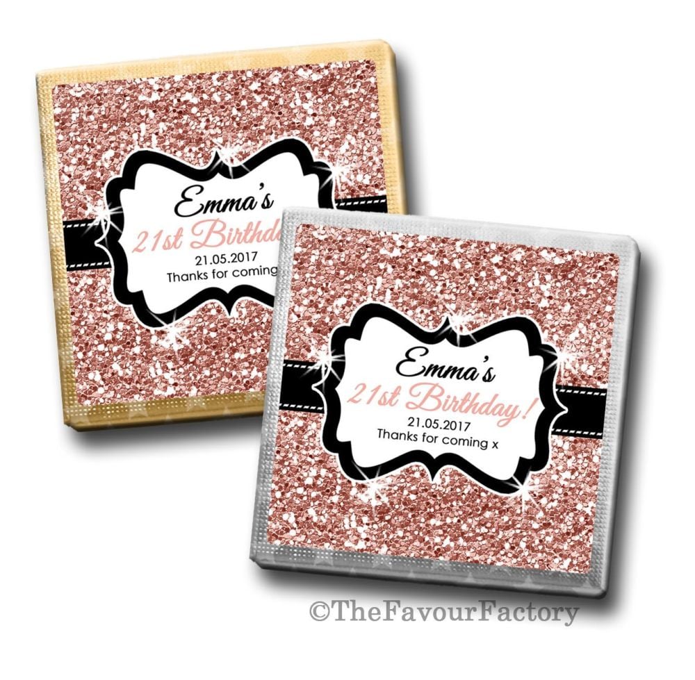 Rose gold glitter Birthday Party Personalised Milk Chocolates Squares x10