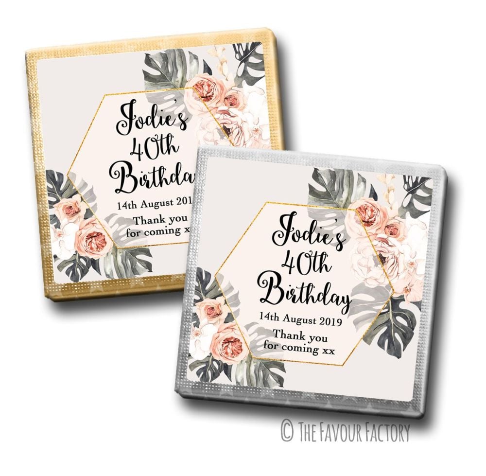 Boho Floral Frame Birthday Party Personalised Milk Chocolates Squares x10