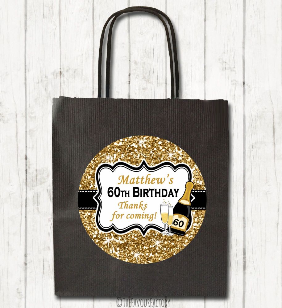 Gold Glitter Champagne Personalised Paper Birthday Party Bags x1
