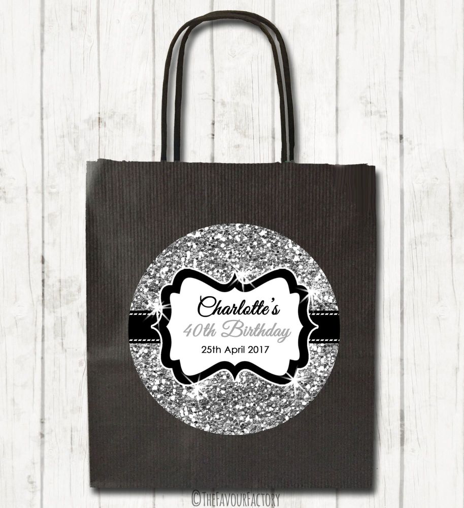 Silver Glitter Personalised Paper Birthday Party Bags x1