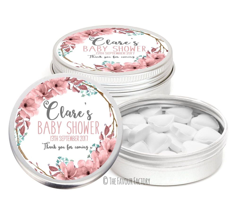Boho Floral Wreath Personalised Baby Shower Party Favour Tins x1