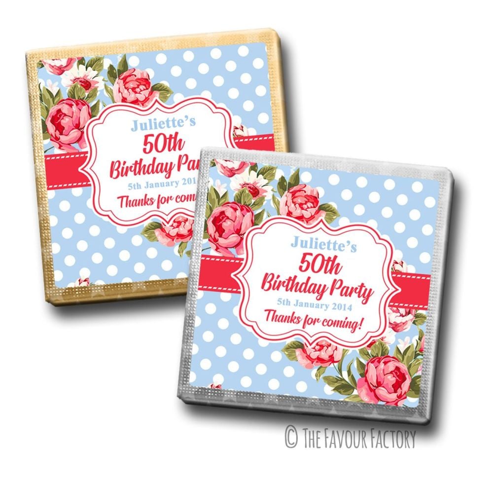 Cath Floral Polka Dots Birthday Party Personalised Milk Chocolates Squares