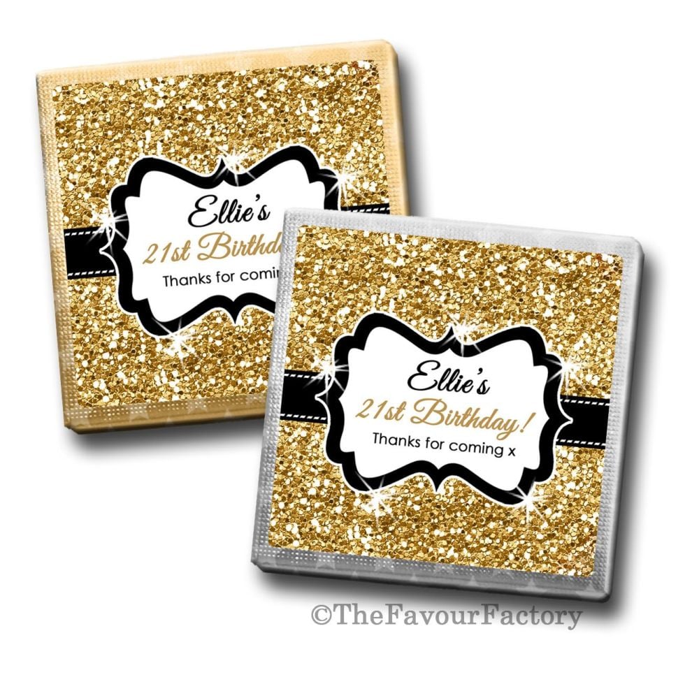 Gold Glitter Birthday Party Personalised Milk Chocolates Squares x10