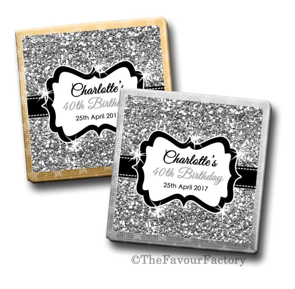 Silver Glitter Birthday Party Personalised Milk Chocolates Squares x10