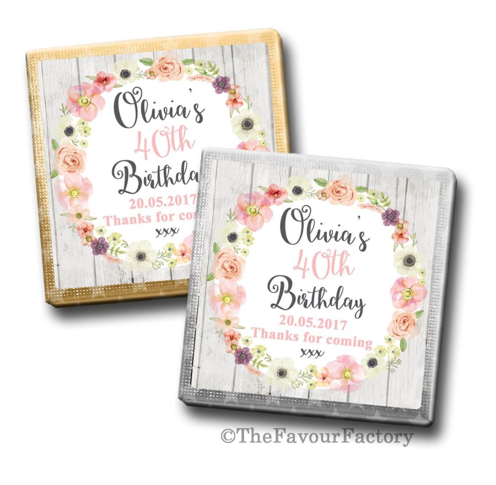 Jessica Florals Birthday Party Personalised Milk Chocolates Squares x10