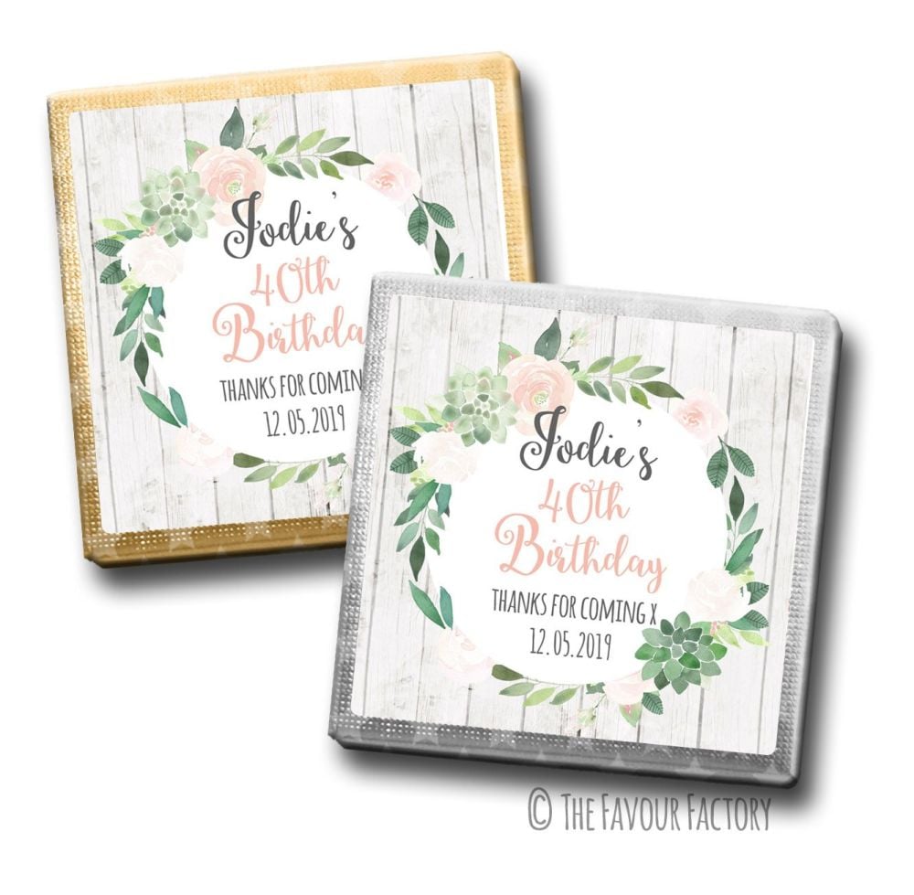 Succulents Florals Birthday Party Personalised Milk Chocolates Squares x10