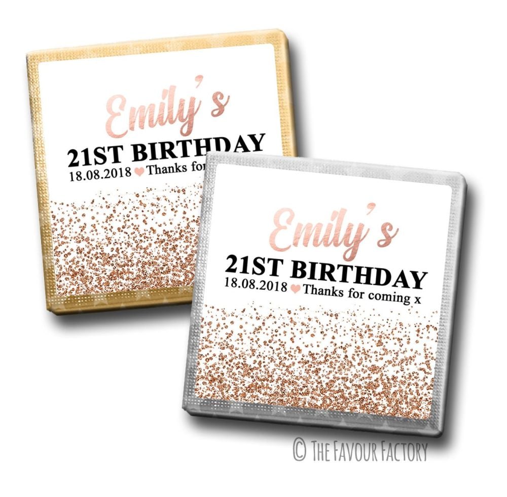 Rose Gold Glitter Confetti Birthday Party Personalised Milk Chocolates Squa
