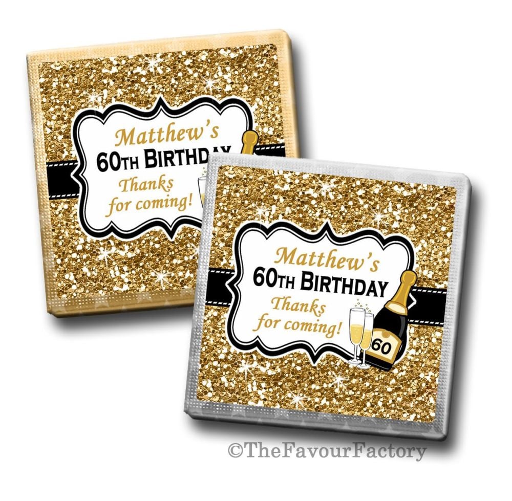 Gold Glitter Champagne Birthday Party Personalised Milk Chocolates Squares
