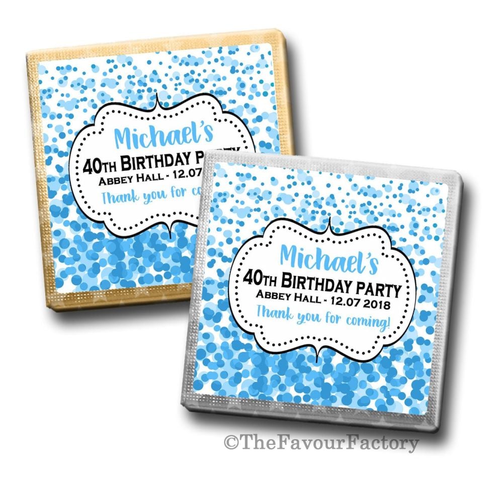 Confetti Blue Birthday Party Personalised Milk Chocolates Squares x10