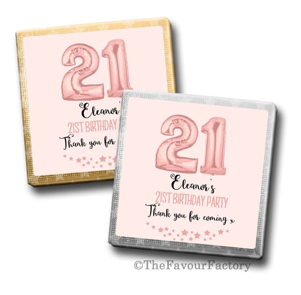 Rose Gold Age Balloons Birthday Party Personalised Milk Chocolates Squares