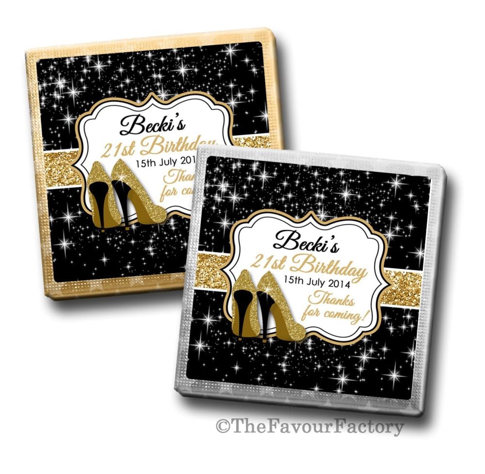 Gold Glitter Stilettos Birthday Party Personalised Milk Chocolates Squares