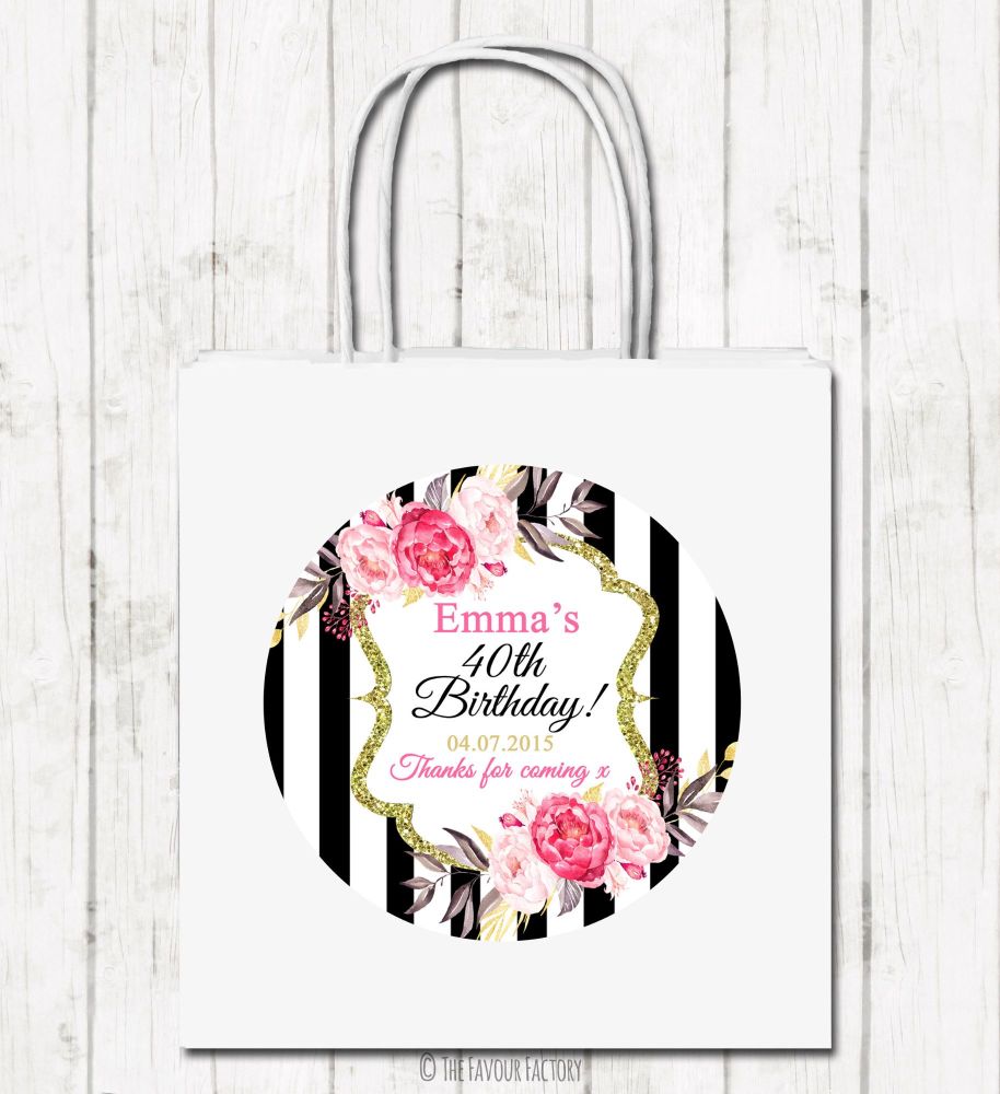 Black Stripe Florals Personalised Paper Birthday Party Bags x1