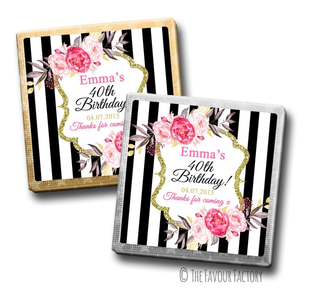 Black Stripe Florals Birthday Party Personalised Milk Chocolates Squares x1
