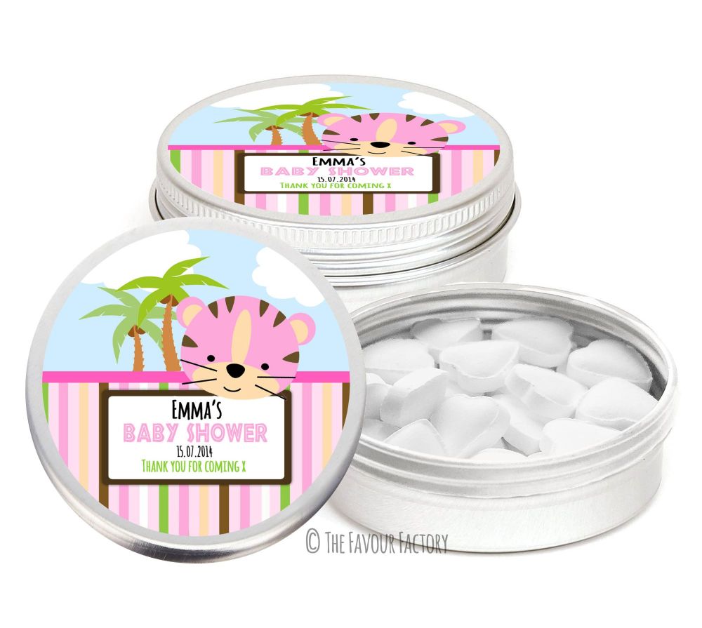 Cute Girl Tiger Personalised Baby Shower Party Favour Tins x1