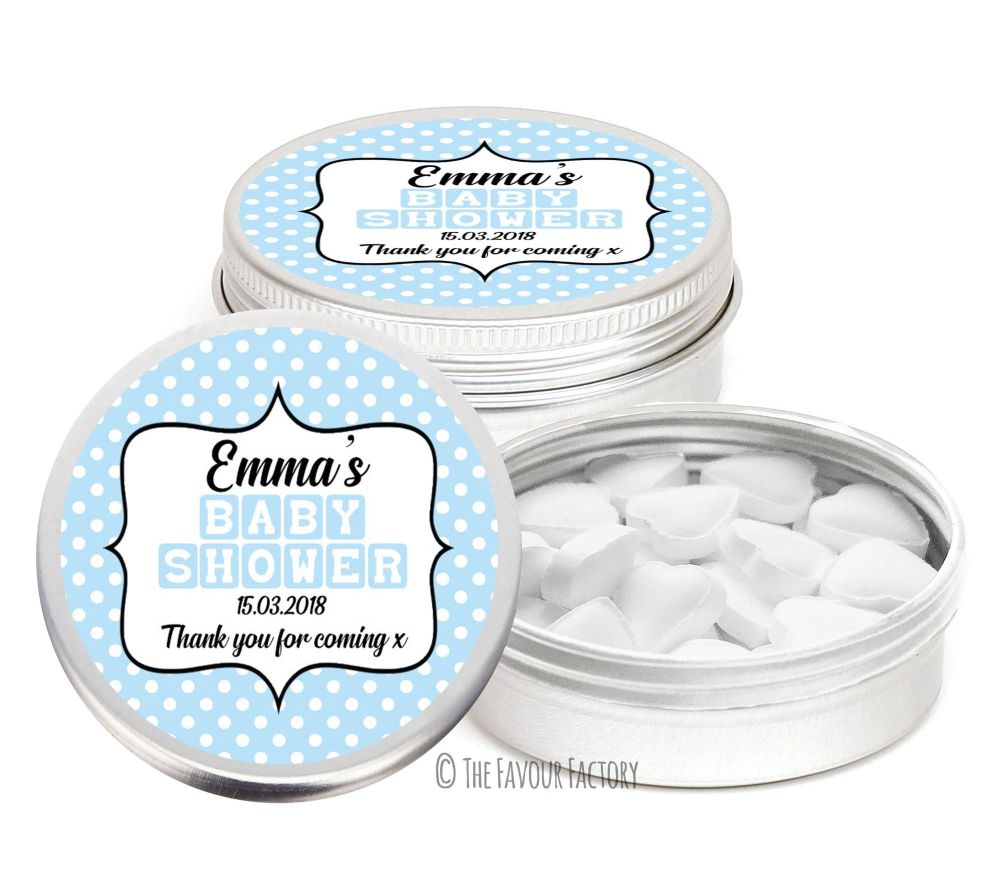 Polka Dots Blue Personalised Baby Shower Party Favour Tins x1