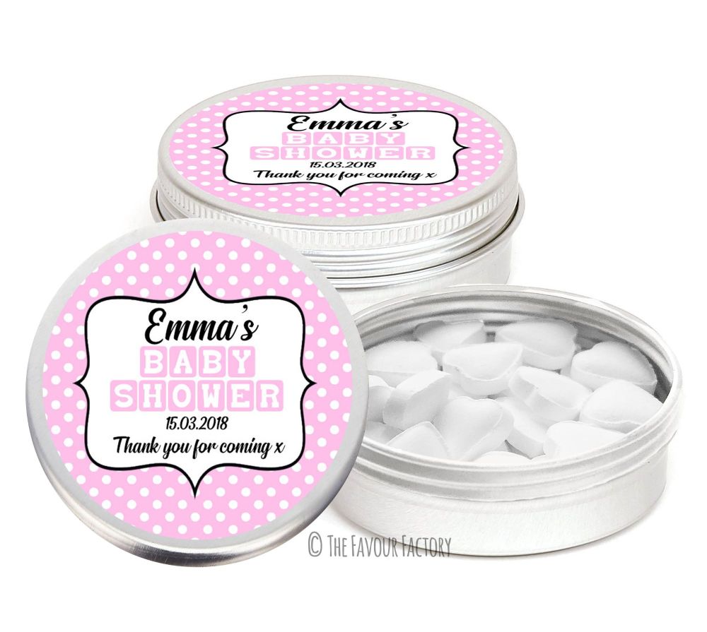 Polka Dots Pink Personalised Baby Shower Party Favour Tins x1