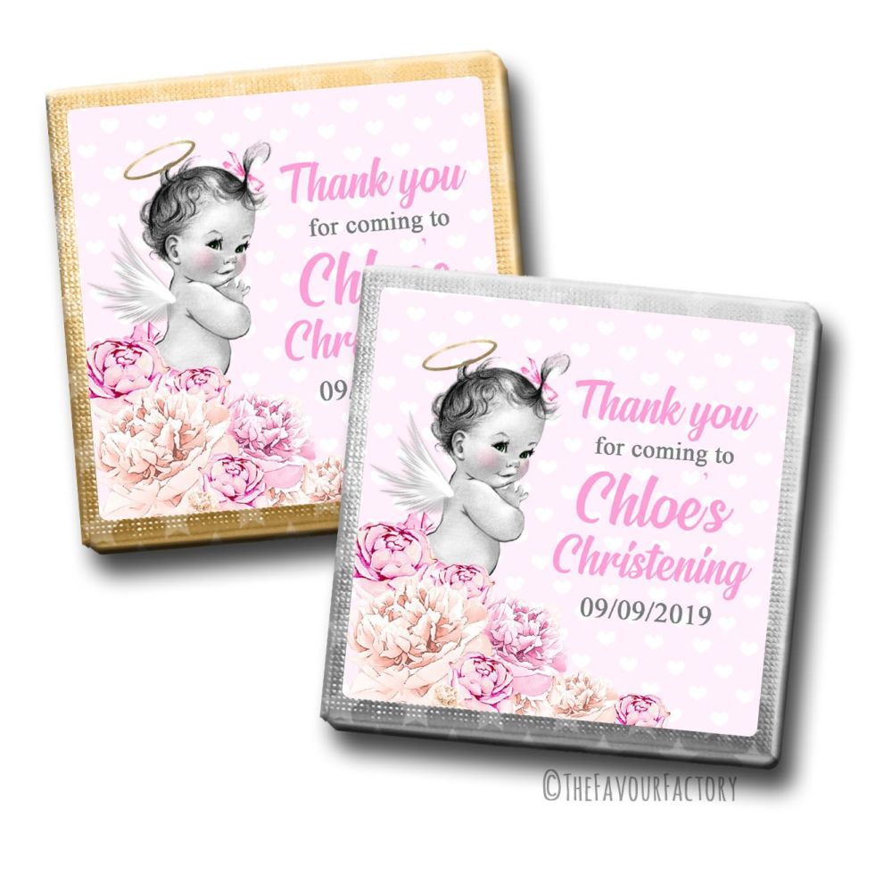 Vintage Baby Girl Floral Christening Personalised Milk Chocolates Squares x