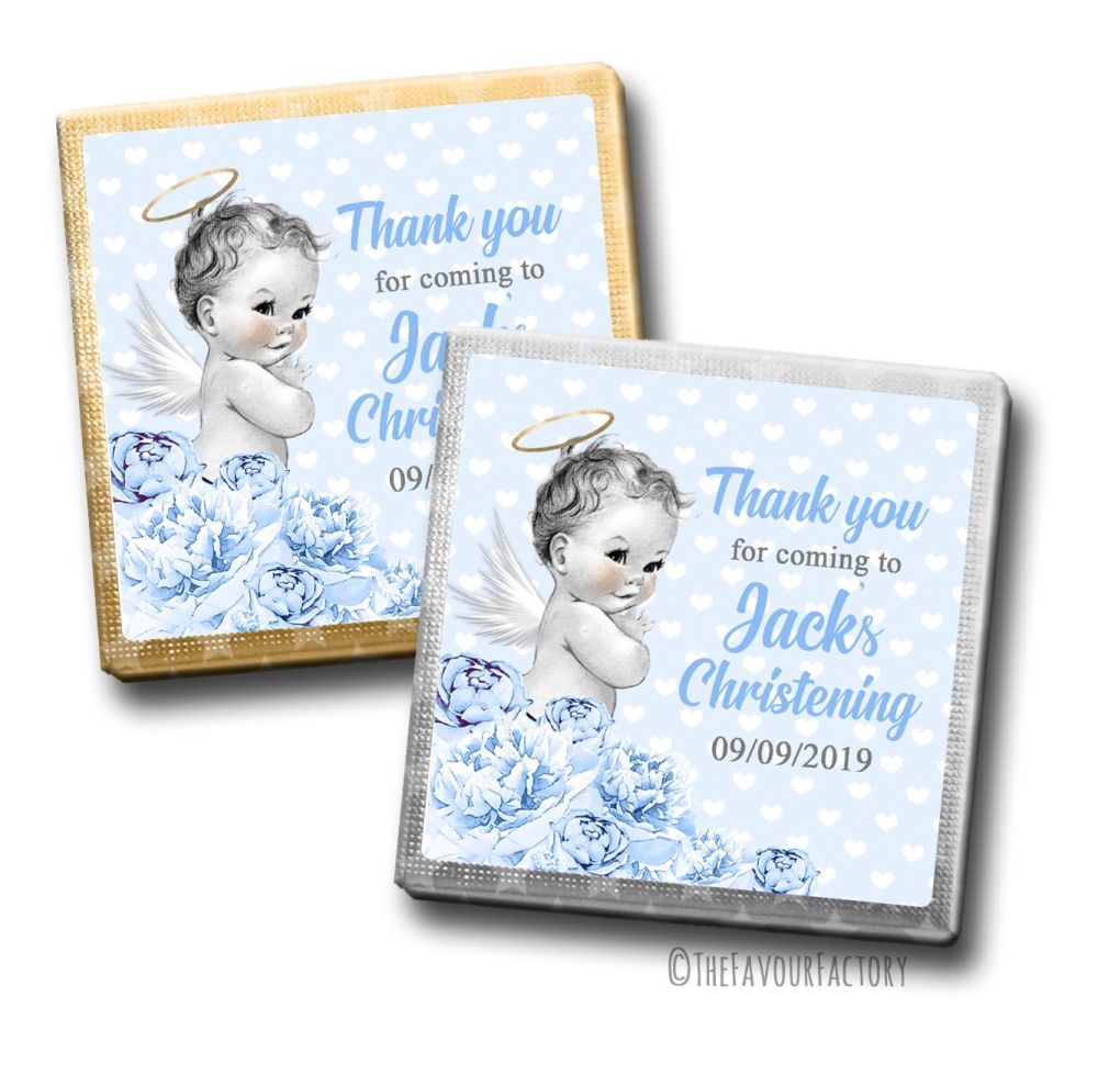 Vintage Baby Boy Floral Christening Personalised Milk Chocolates Squares x1