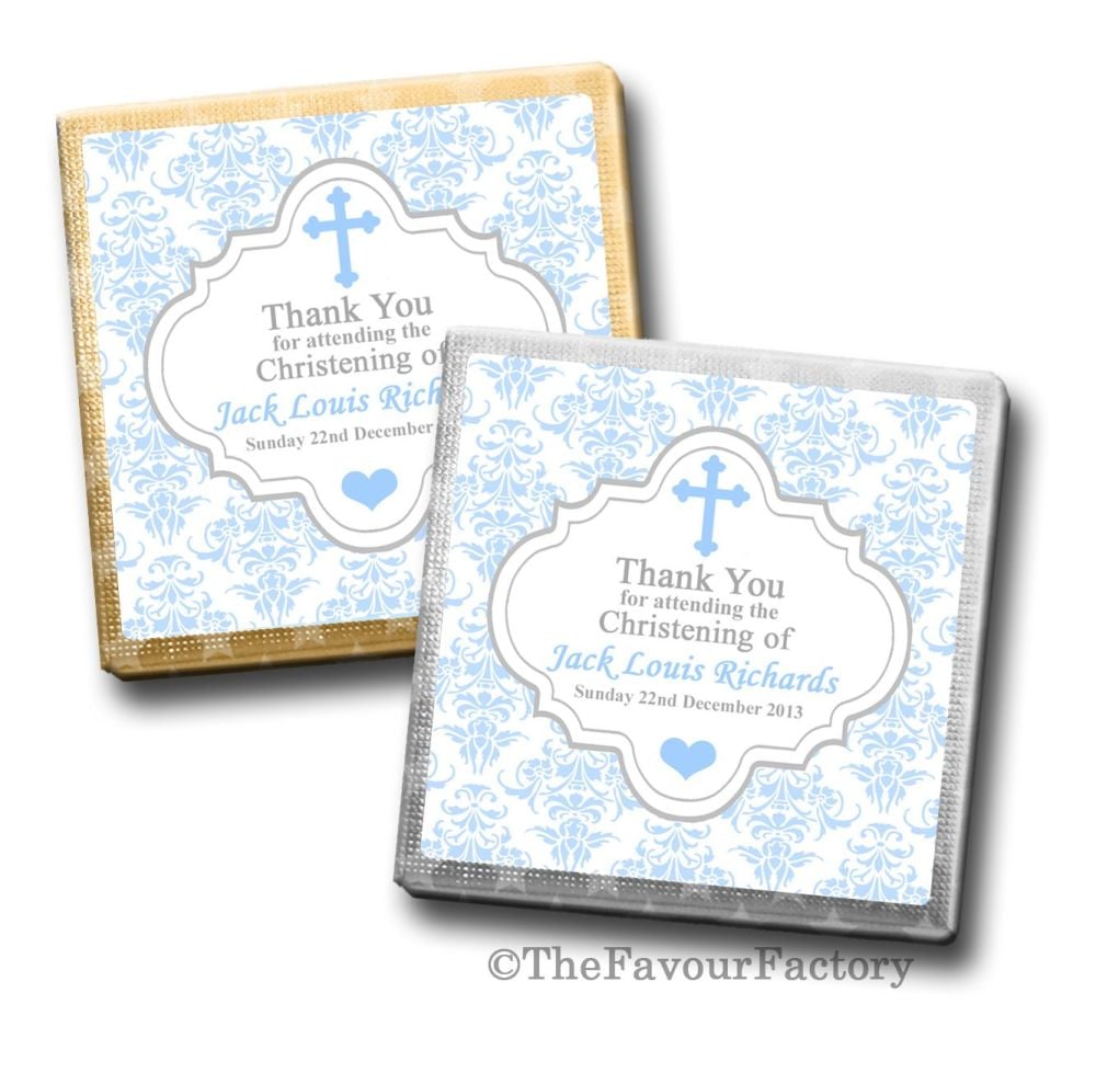 Damask Cross Blue Christening Personalised Milk Chocolates Squares x10