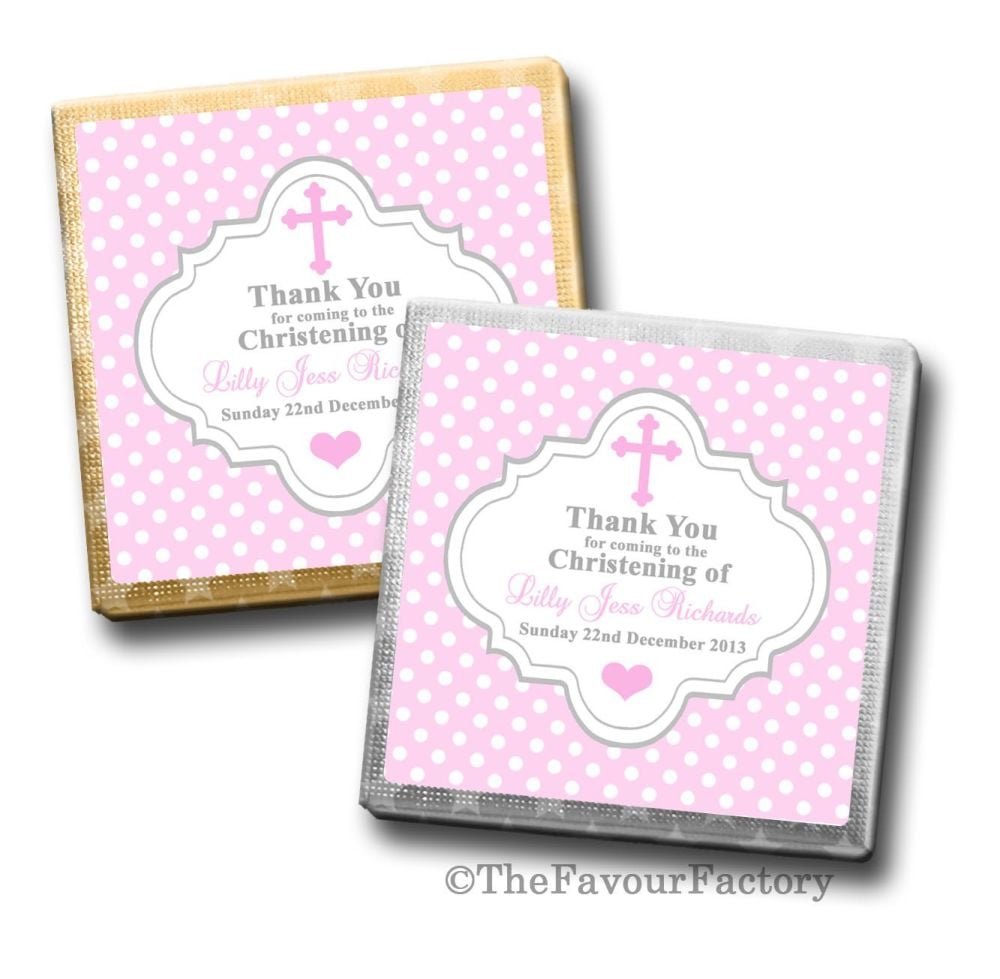 Polka Dots Cross Pink Christening Personalised Milk Chocolates Squares x10
