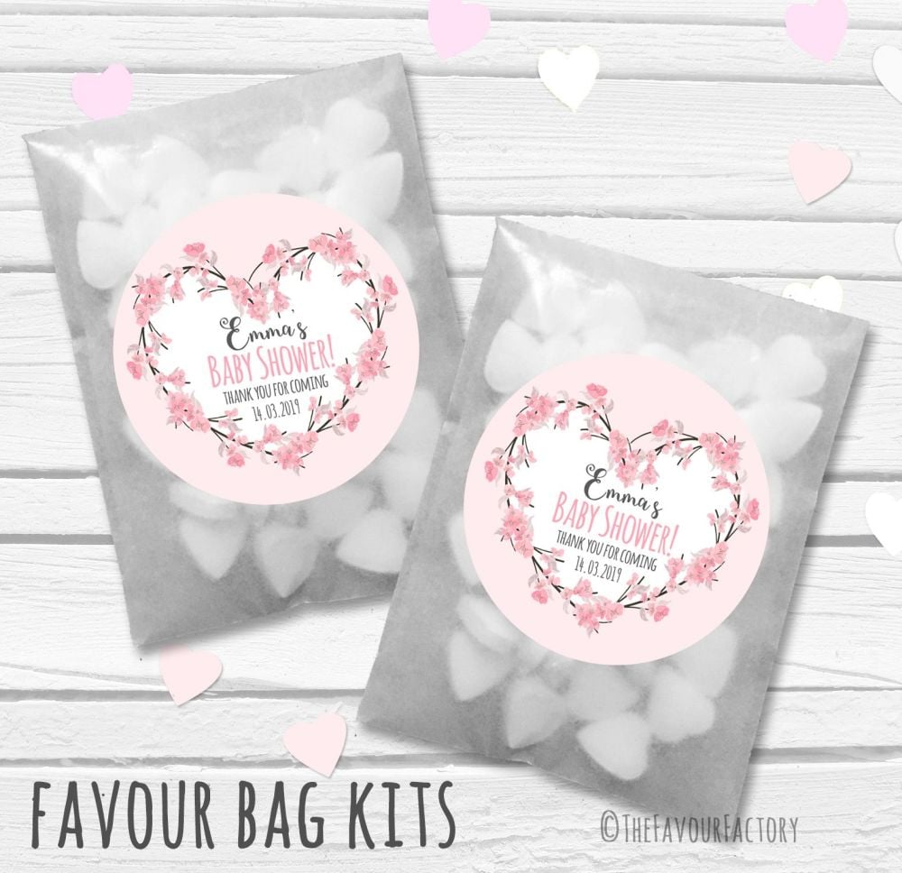 Cherry Blossom Heart Pink Personalised Baby Shower Party Paper Favour Bags
