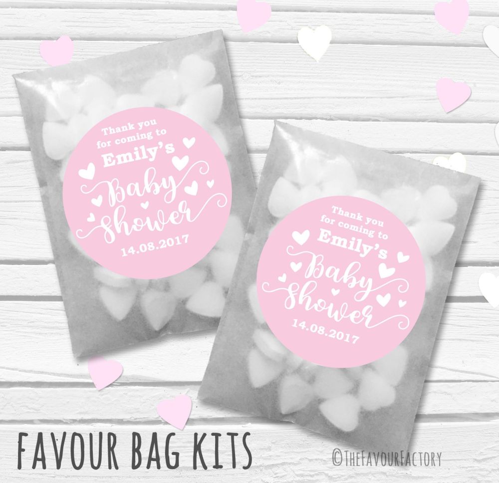 Love Hearts Pink Personalised Baby Shower Party Glassine Paper Favour Bags