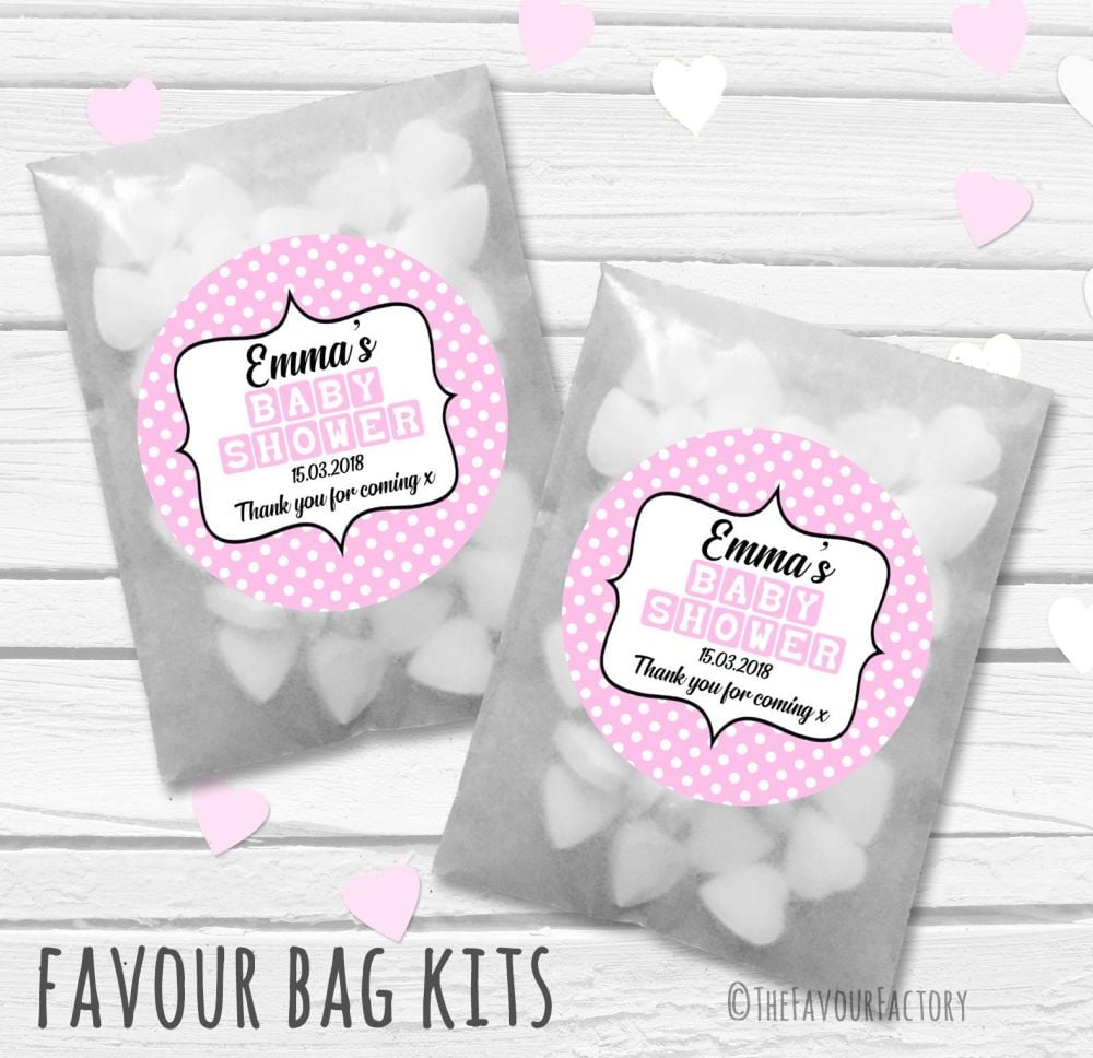 Baby blocks Pink Personalised Baby Shower Party Glassine Paper Favour Bags