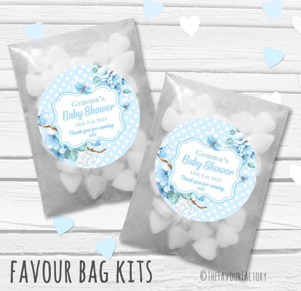 Floral Polka Dots Blue Personalised Baby Shower Paper Favour Sweet Bags Kit