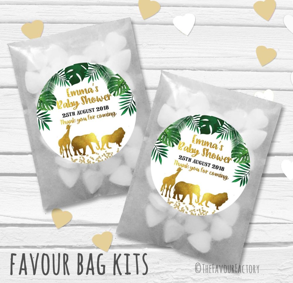 Baby Shower Party Favours Paper Bags Kits Gold Foil Green Safari Animals Baby Shower Party Favours Paper Bags Kits Gold Foil Green Safari Animals