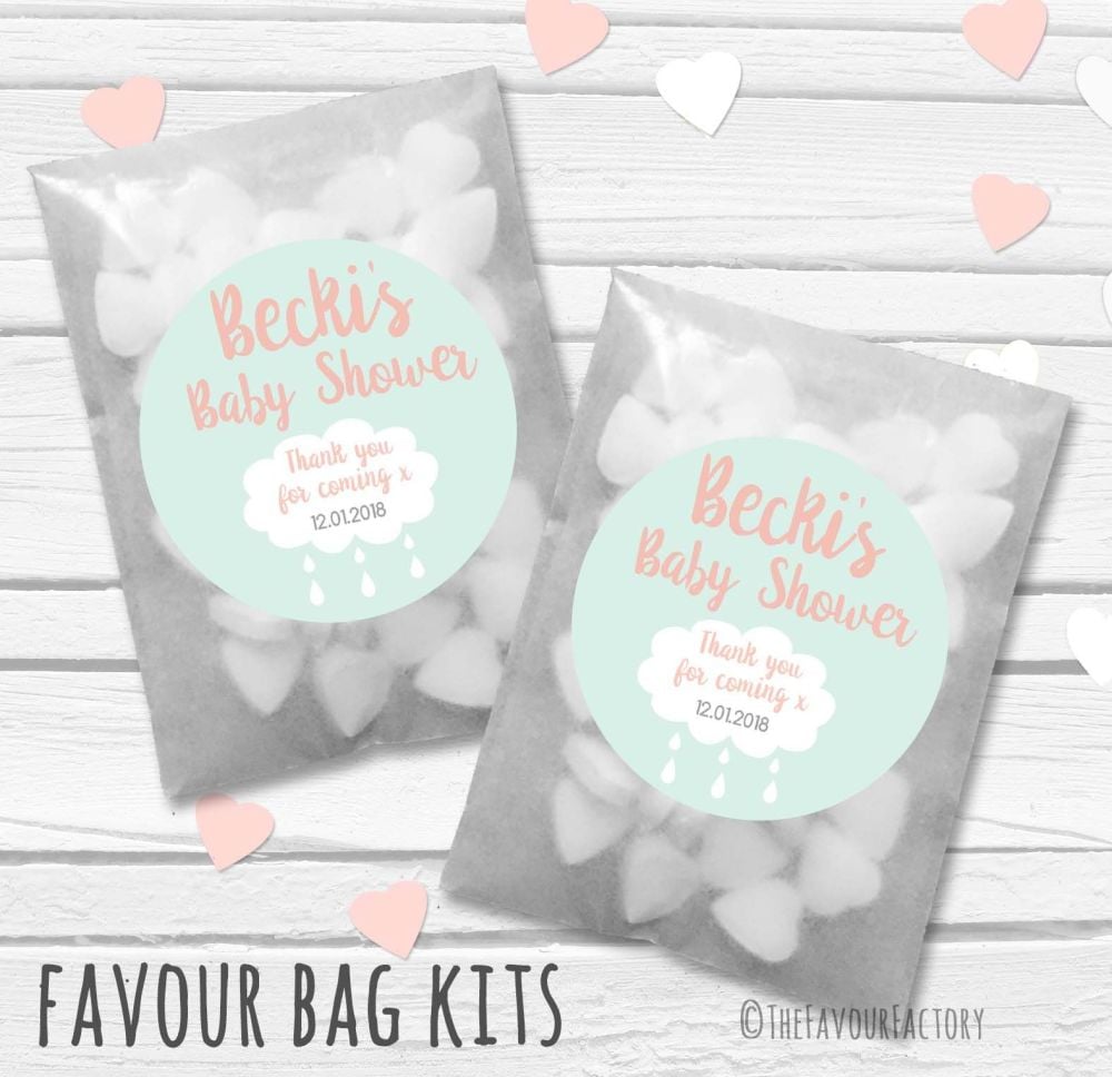 Rain cloud Personalised Baby Shower Paper Favour Sweet Bags Kits x12