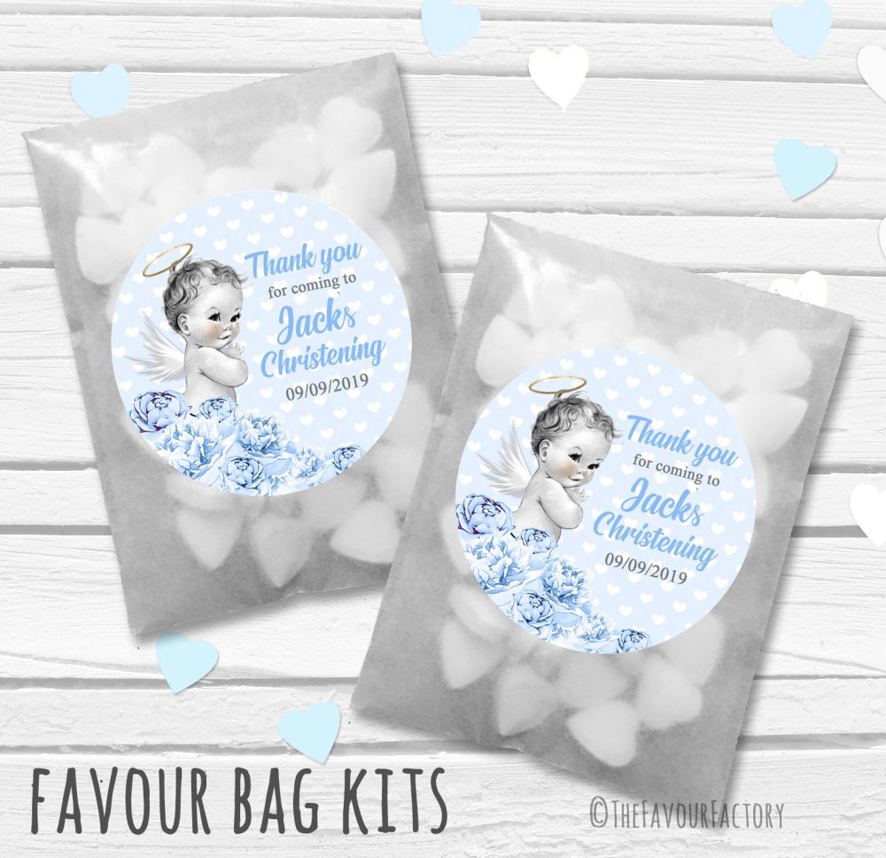 Vintage Baby Blue Florals Personalised Christening Glassine Paper Favour Ba