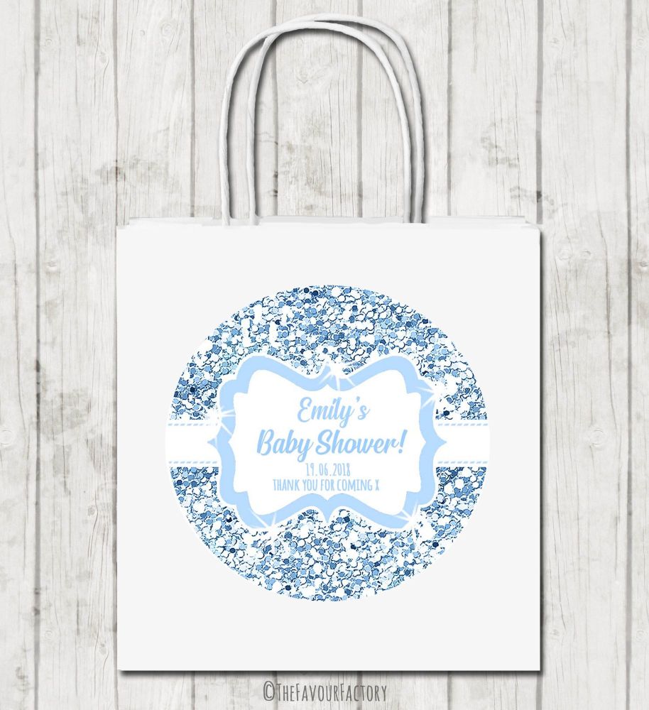 Blue Glitter Personalised Baby Shower Paper Party Bags x1