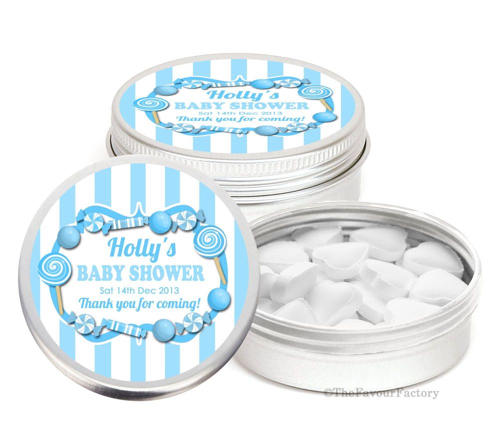 Sweets stripes Blue Personalised Baby Shower Party Favour Tins x1