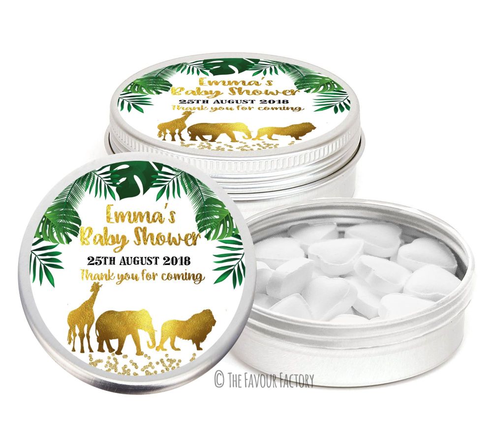 Gold Green Safari Personalised Baby Shower Party Favour Tins x1