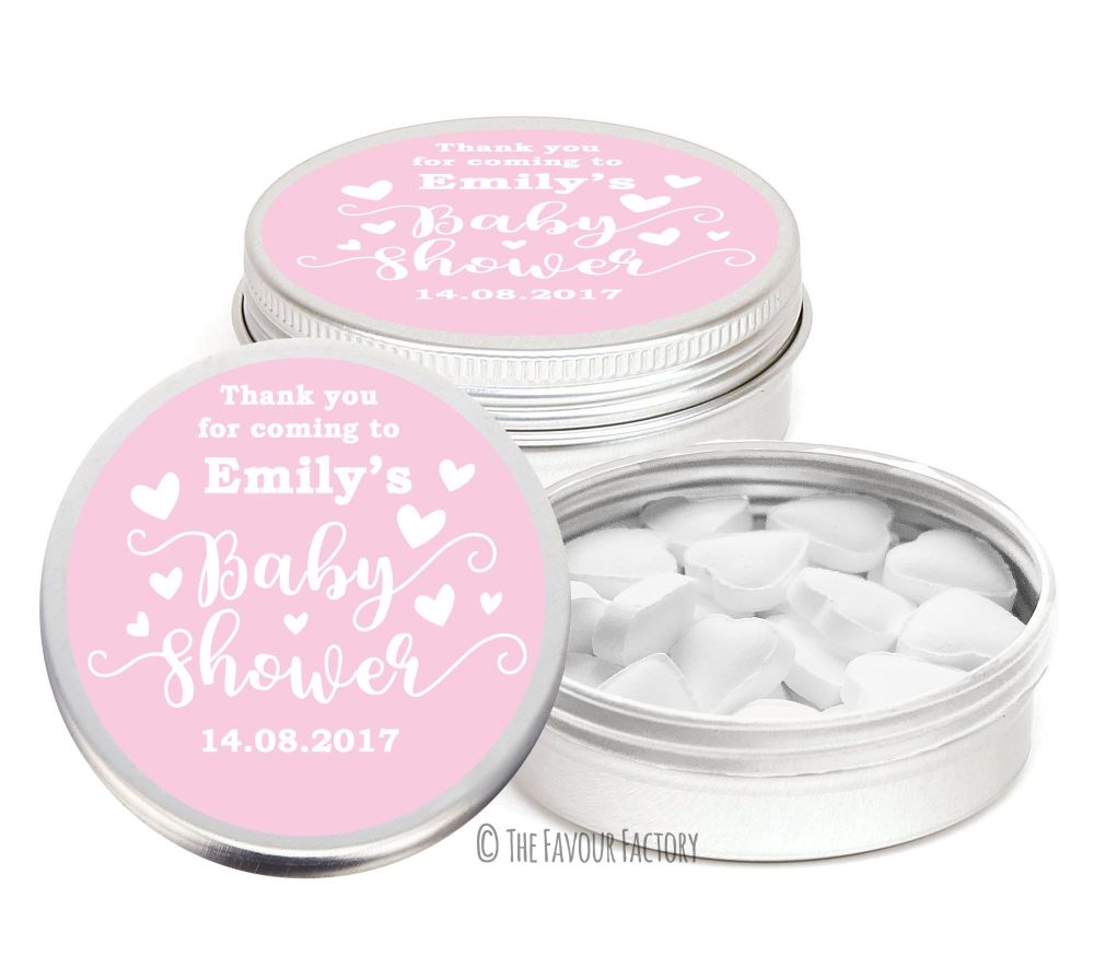 Love Hearts Pink Personalised Baby Shower Party Favour Tins x1