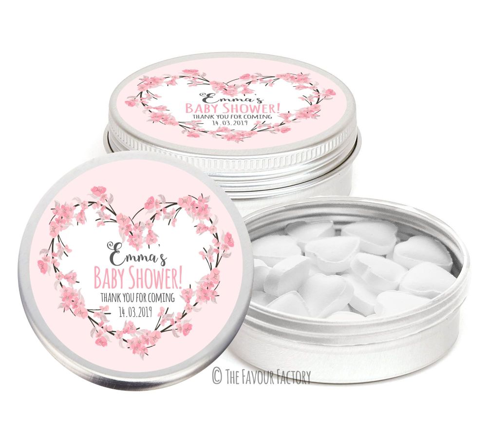Cherry Blossoms Floral Heart Pink Personalised Baby Shower Party Favour Tin