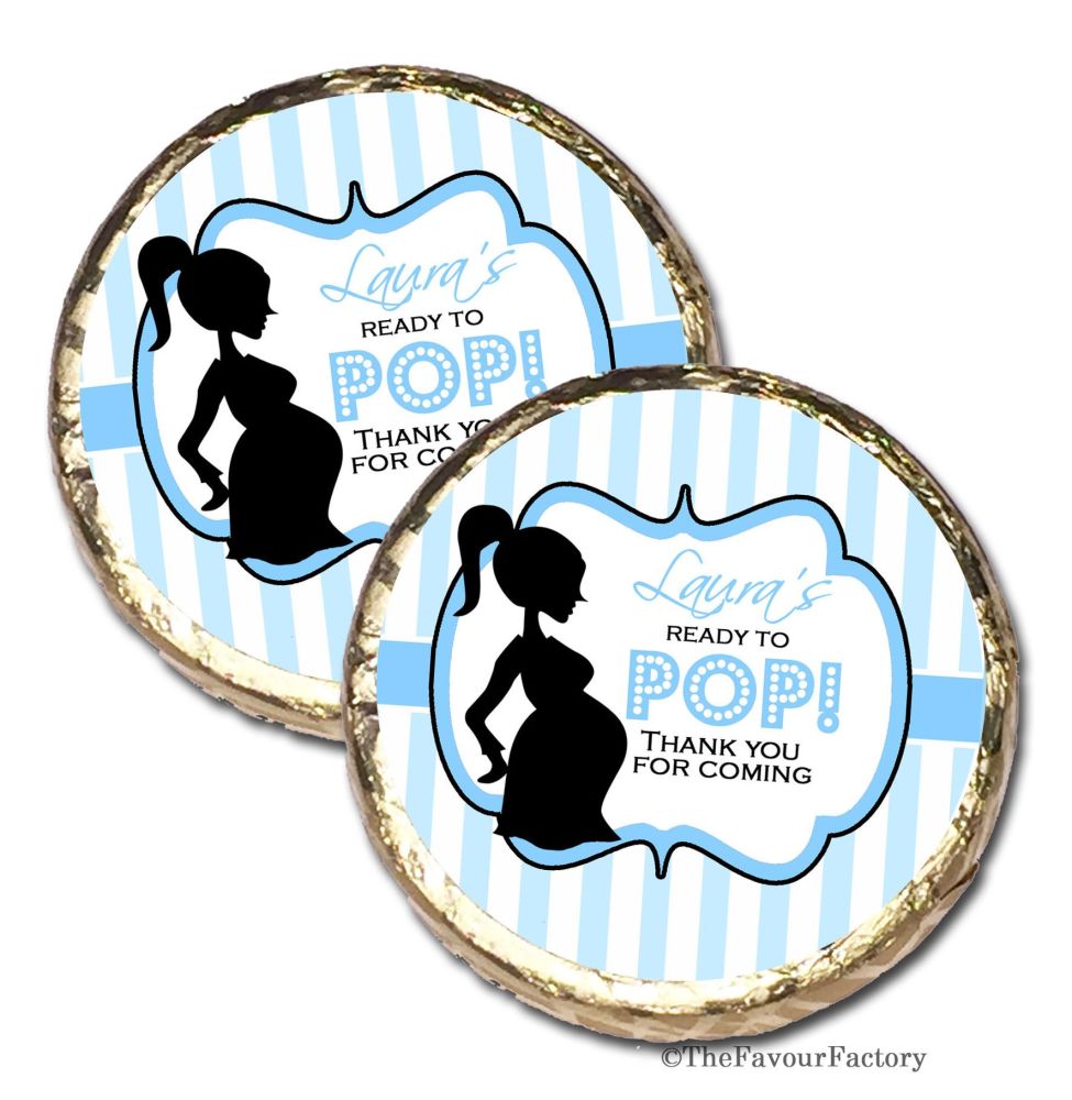 Ready to Pop Blue Personalised Baby Shower Party Chocolate Favours x 10 pie