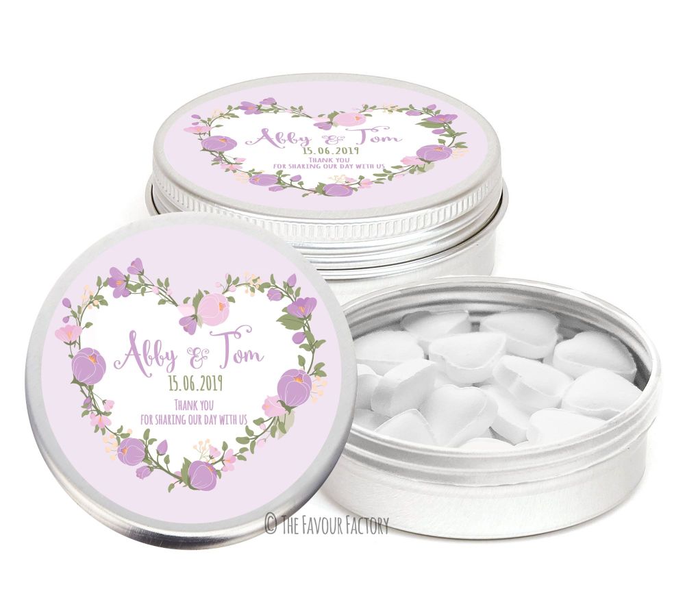 Lavender Boho Floral Heart Wreath Personalised Wedding Favour Tins Keepsake