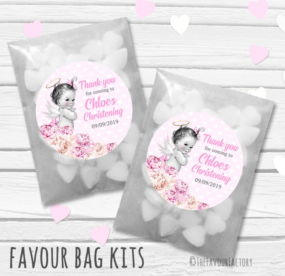 Vintage Baby Pink Florals Personalised Christening Glassine Paper Favour Ba