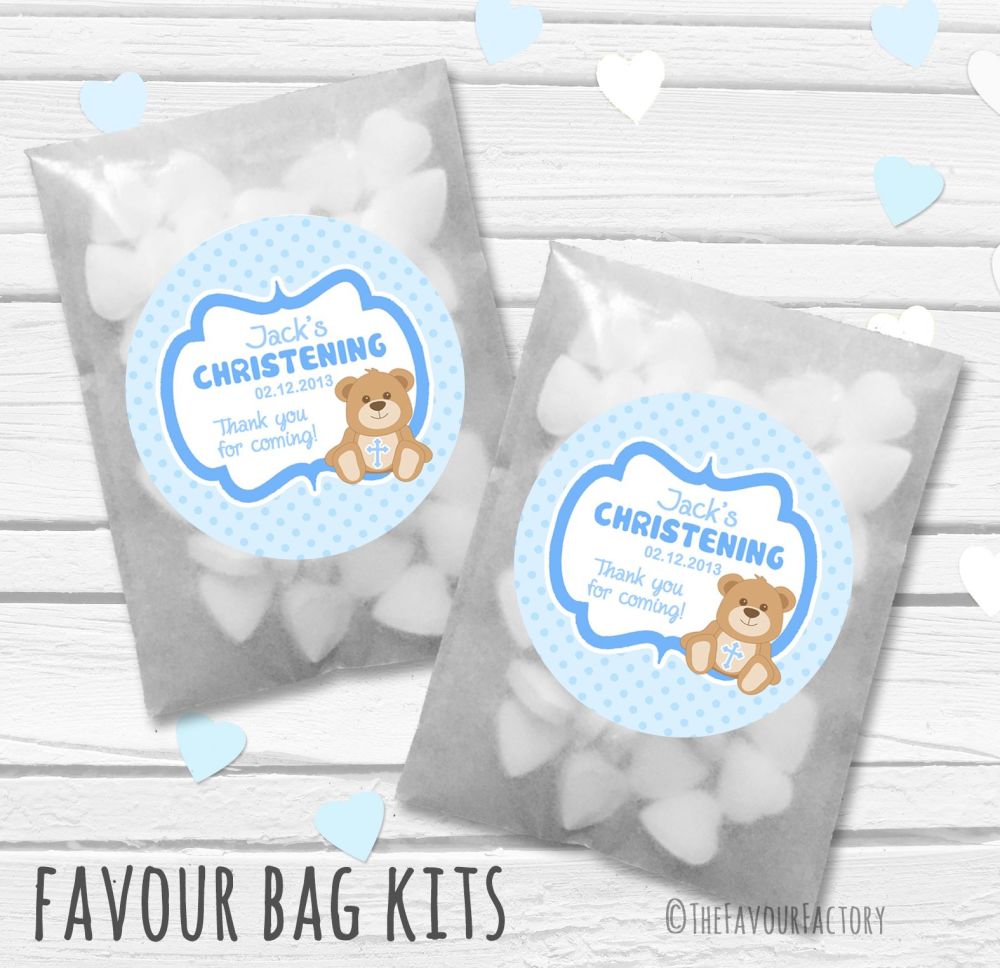 Teddy Bear Blue Personalised Christening Glassine Paper Favour Bag Kits x12